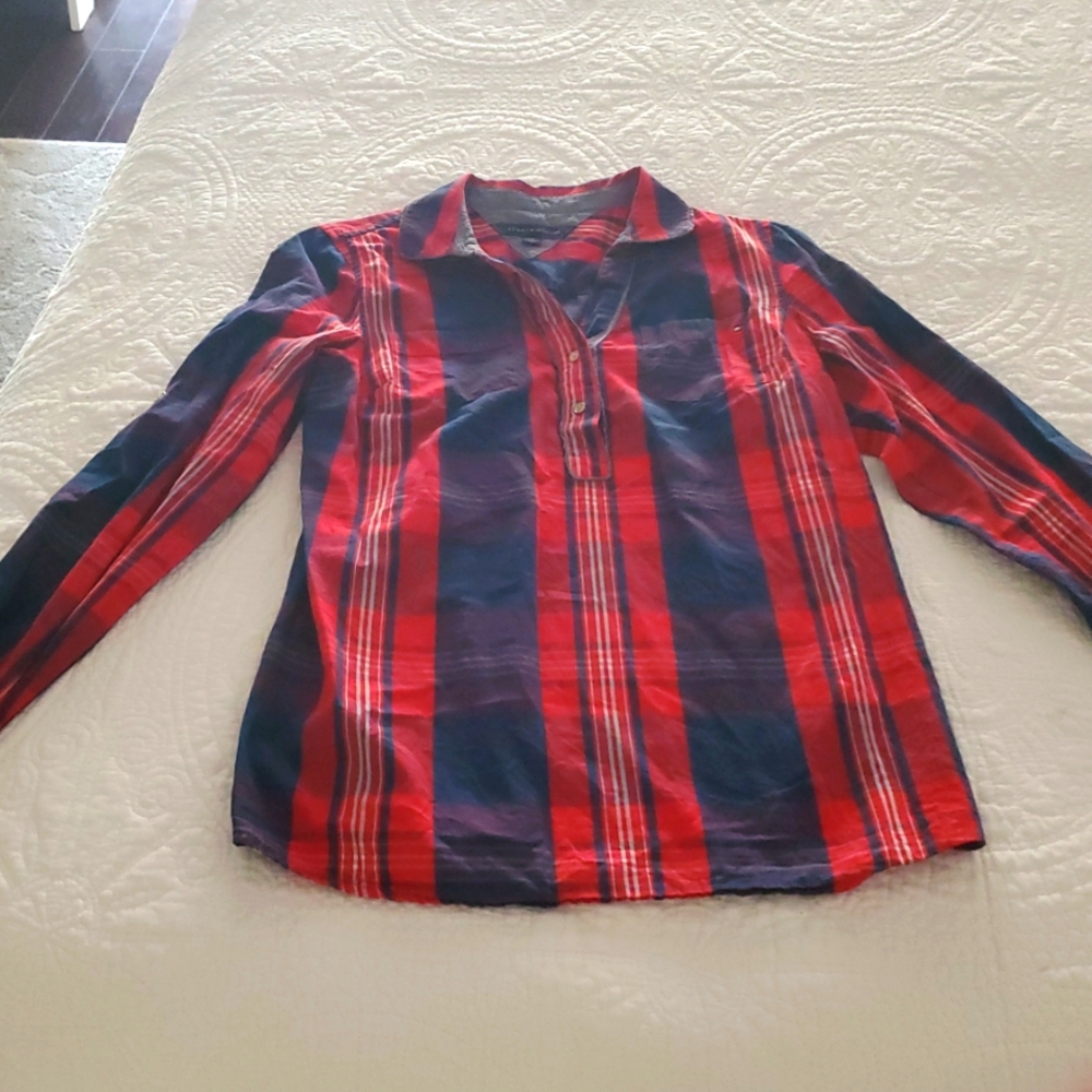 Tommy Hilfiger Women's Red and Blue Button Down Shirt